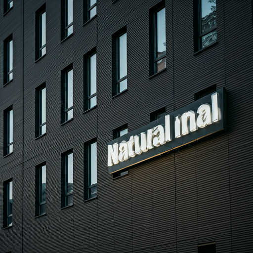 A modern building with a distinct sign